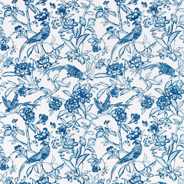 Blue bird and floral fabric swatch with crisp indigo print on white ground