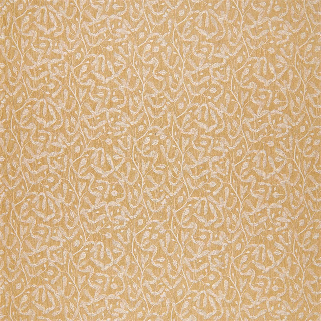 Ochre woven fabric with trailing cream leaf motif and textured ground