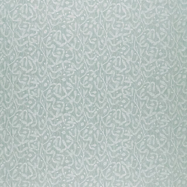 Pale sage woven fabric with trailing leaf and vine motif