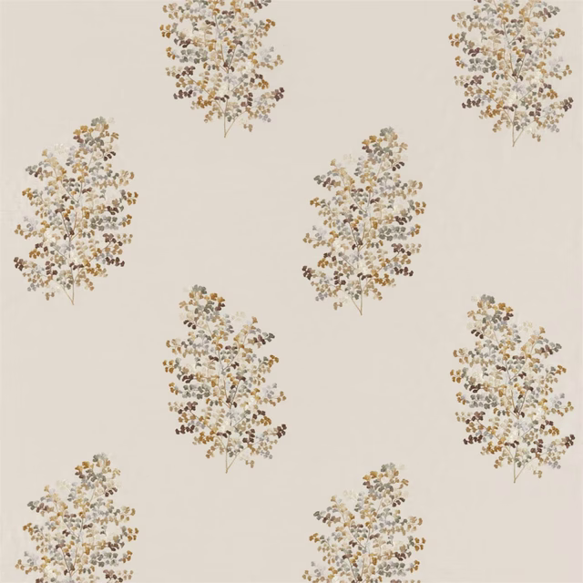 Cream fabric with scattered embroidered leaf sprays in honey, grey and taupe