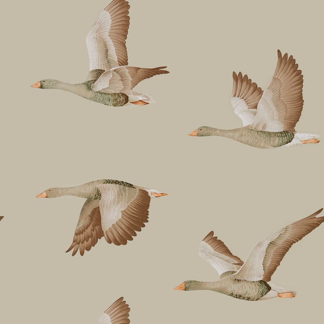 Flying geese in cream, olive-grey and russet brown over a taupe ground