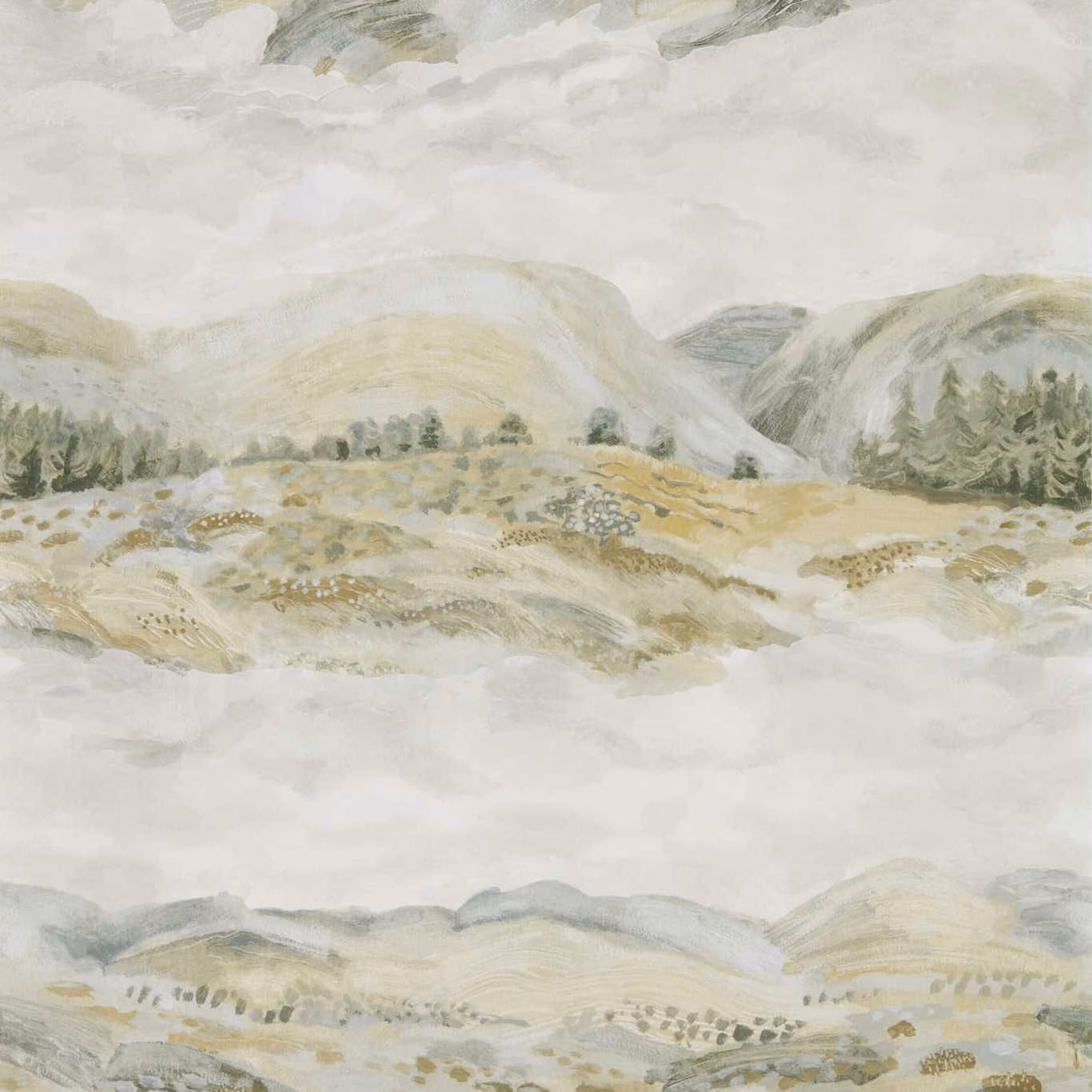 Pale sage-grey wallpaper with misty hills, ochre fields and soft cloud washes