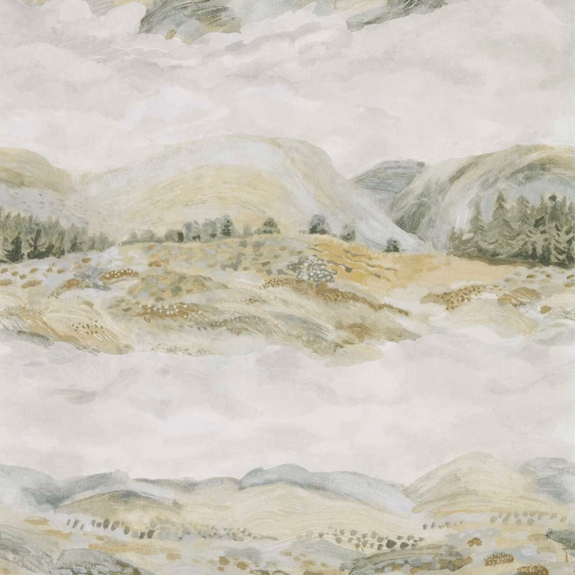 Pale sage-grey wallpaper with misty hills, ochre fields and soft cloud washes
