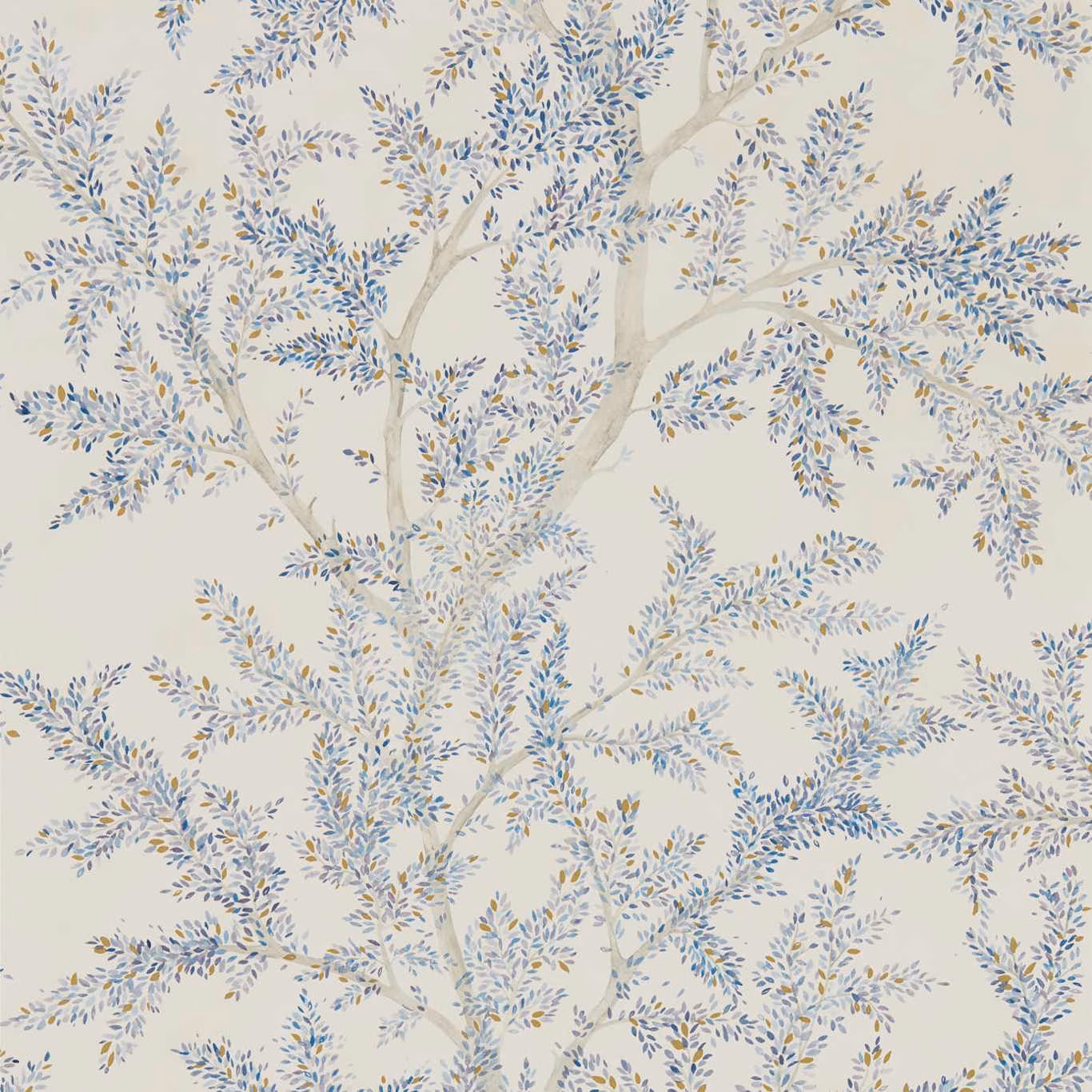 Cream wallpaper with branching tree, cobalt-blue leaves and soft ochre flecks