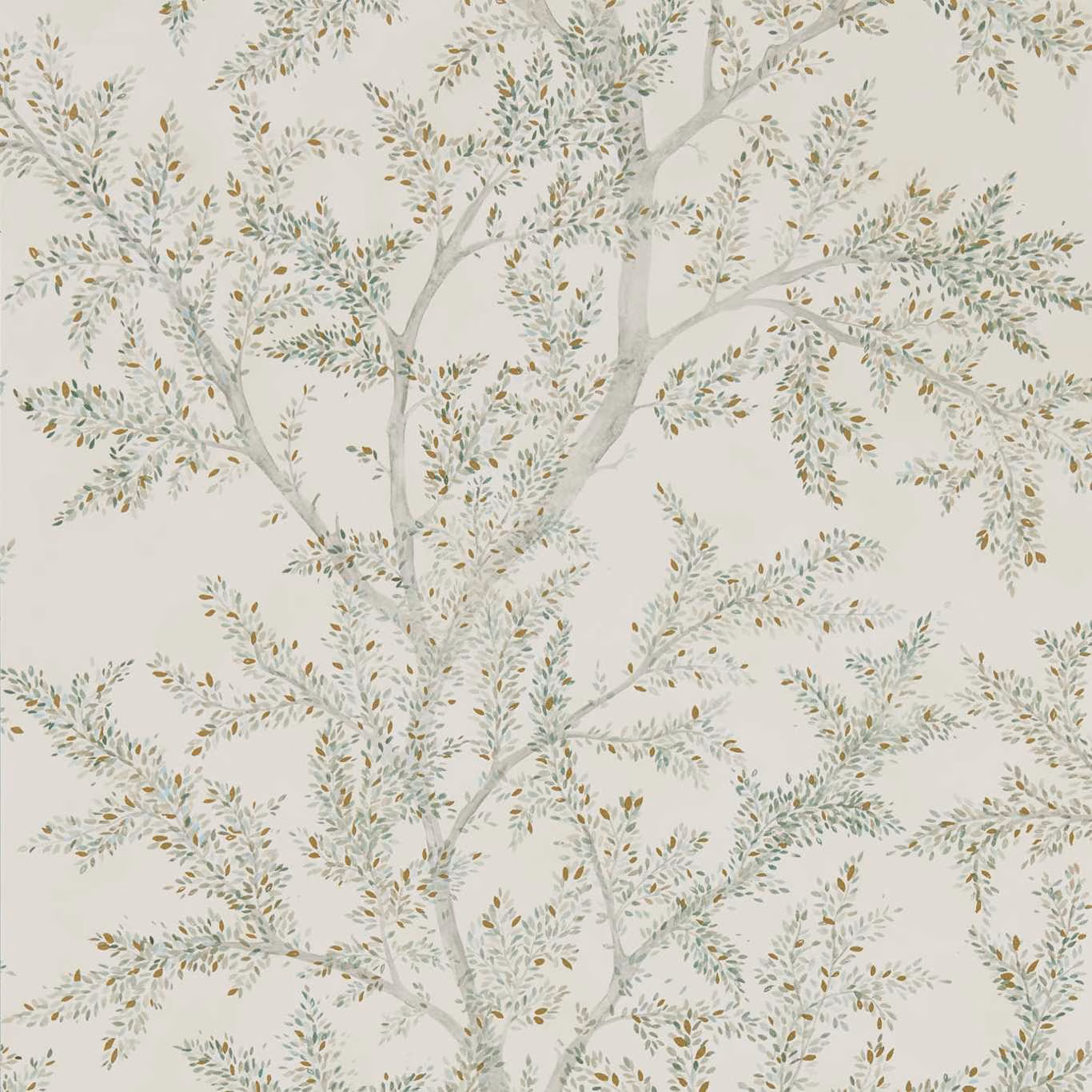 Cream wallpaper with branching tree trunks and delicate sage-grey leaves
