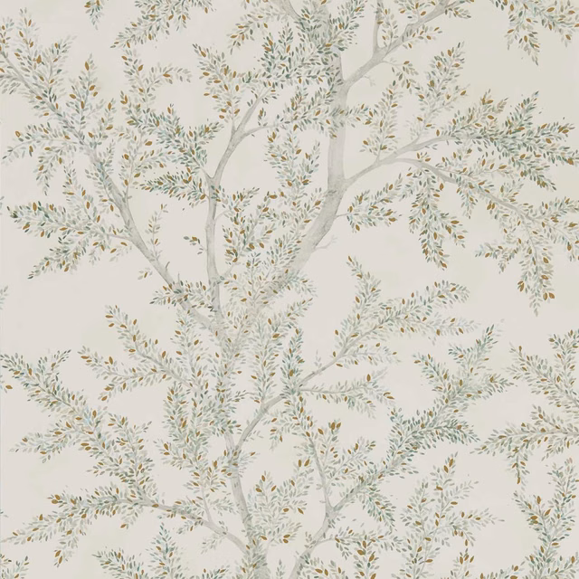 Cream wallpaper with branching tree trunks and delicate sage-grey leaves