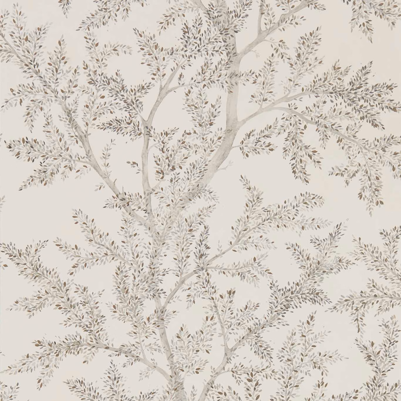 Pale wallpaper with branching silver-grey trees and fine taupe leaves