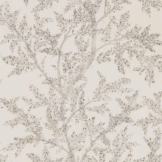 Pale wallpaper with branching silver-grey trees and fine taupe leaves
