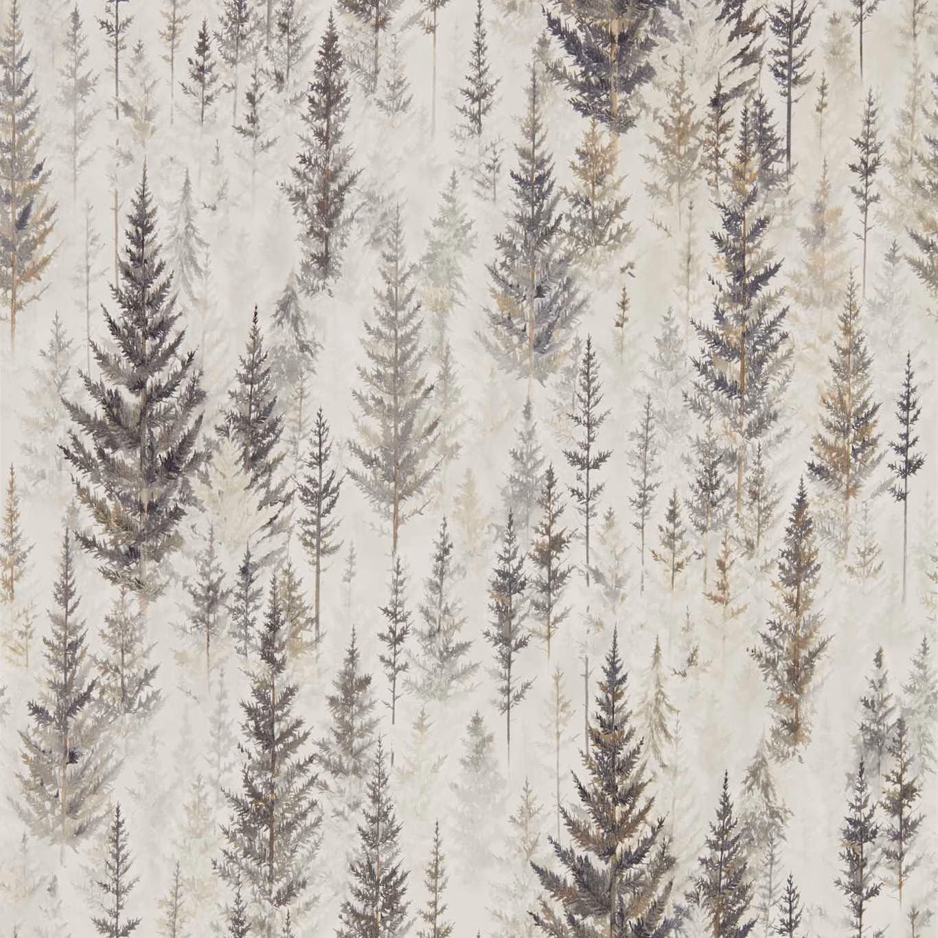 Pale wallpaper with layered grey-green pine and juniper sprigs in bark tones