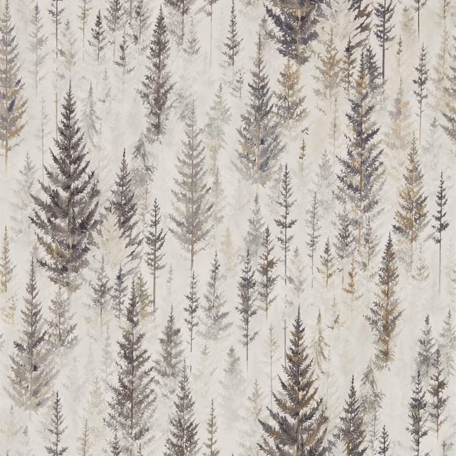 Pale wallpaper with layered grey-green pine and juniper sprigs in bark tones