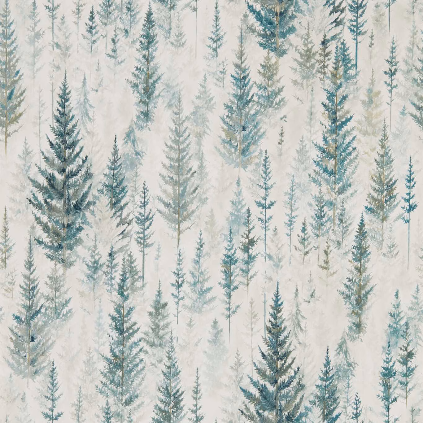 Misty teal-green pine trees layered across a pale cream wallpaper ground