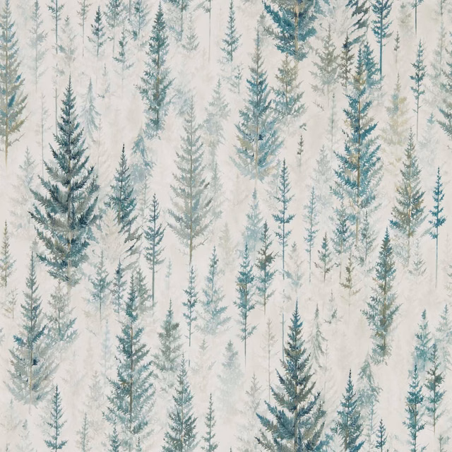 Misty teal-green pine trees layered across a pale cream wallpaper ground