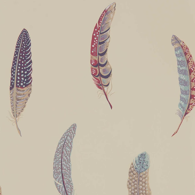 Warm taupe wallpaper with plum, teal and lilac patterned feather motifs