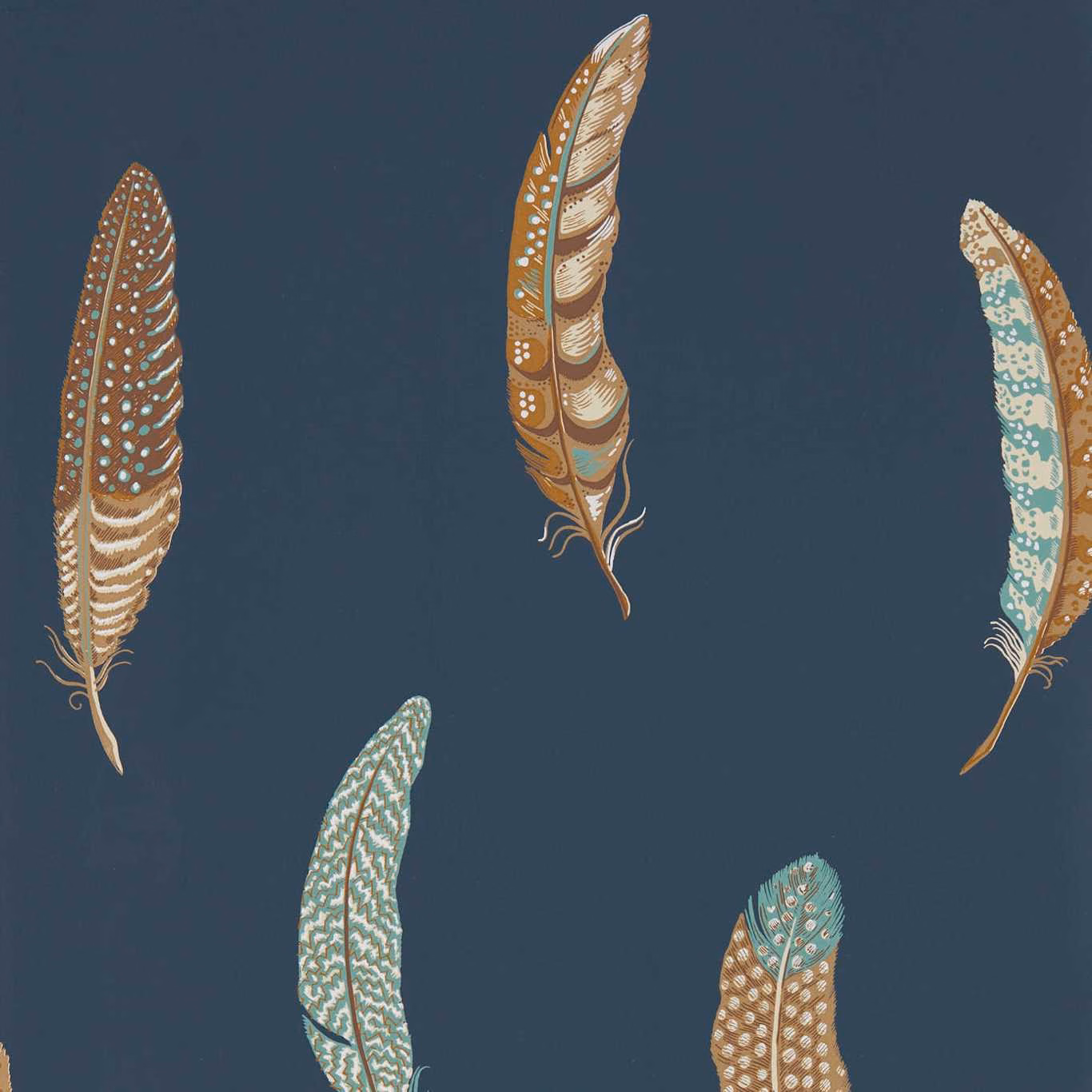 Deep indigo wallpaper with rust, cream and pale aqua feather motifs