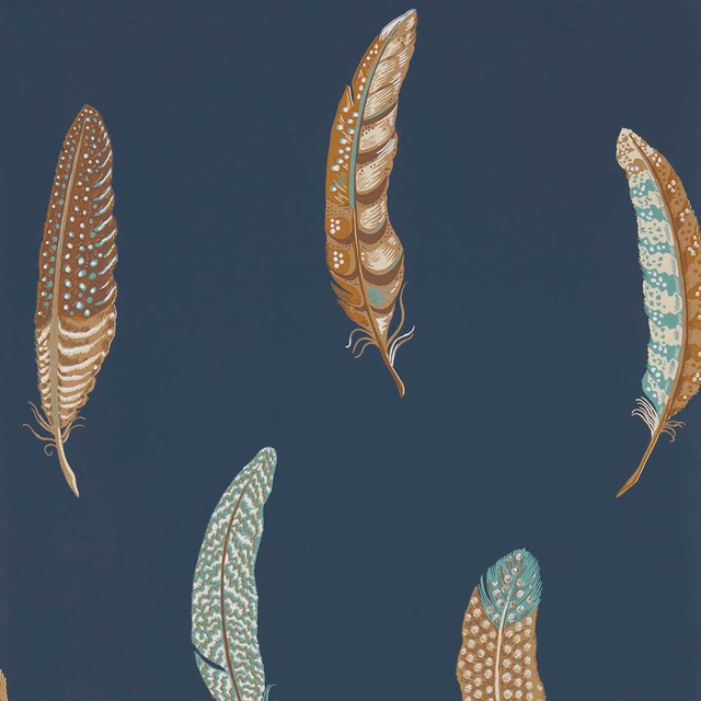 Deep indigo wallpaper with rust, cream and pale aqua feather motifs