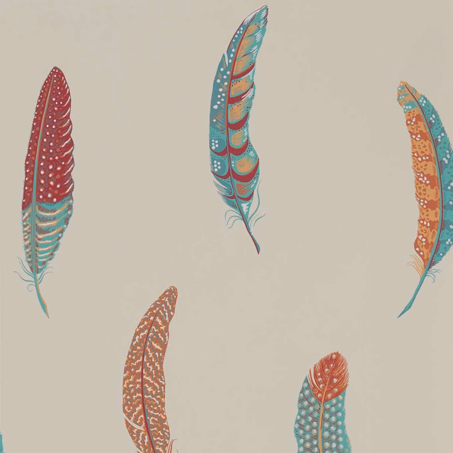 Russet, teal and ochre feather motifs on a muted taupe wallpaper ground