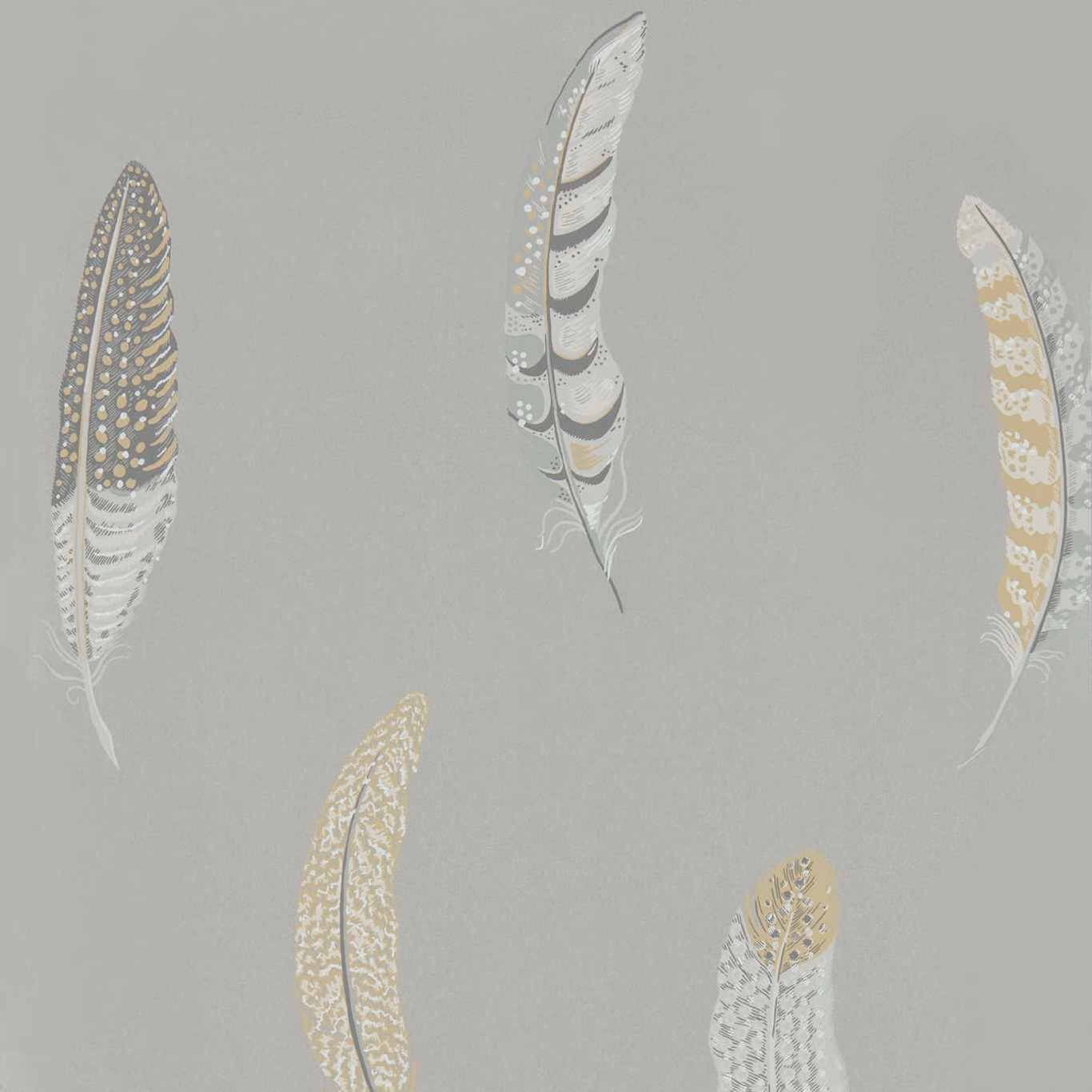 Cool silver-grey wallpaper showing spaced white, gold and charcoal feather motifs