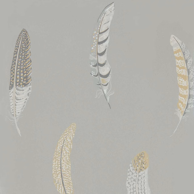 Cool silver-grey wallpaper showing spaced white, gold and charcoal feather motifs