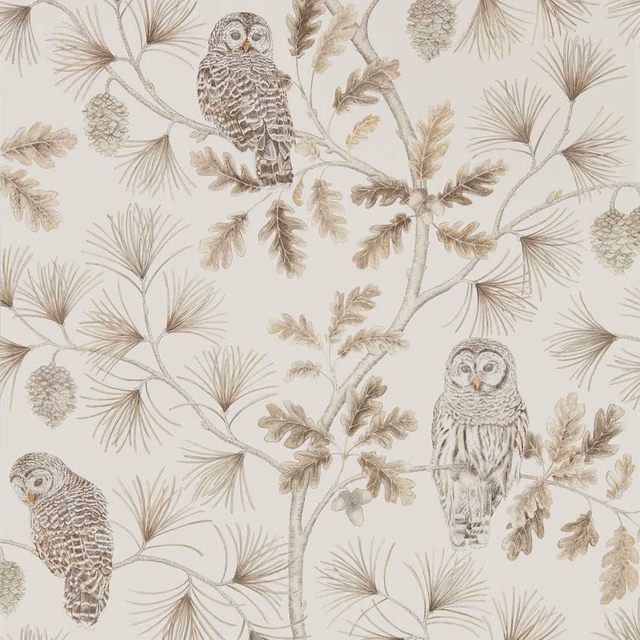 Warm ivory wallpaper with taupe owls, pine sprays, oak leaves and branching stems