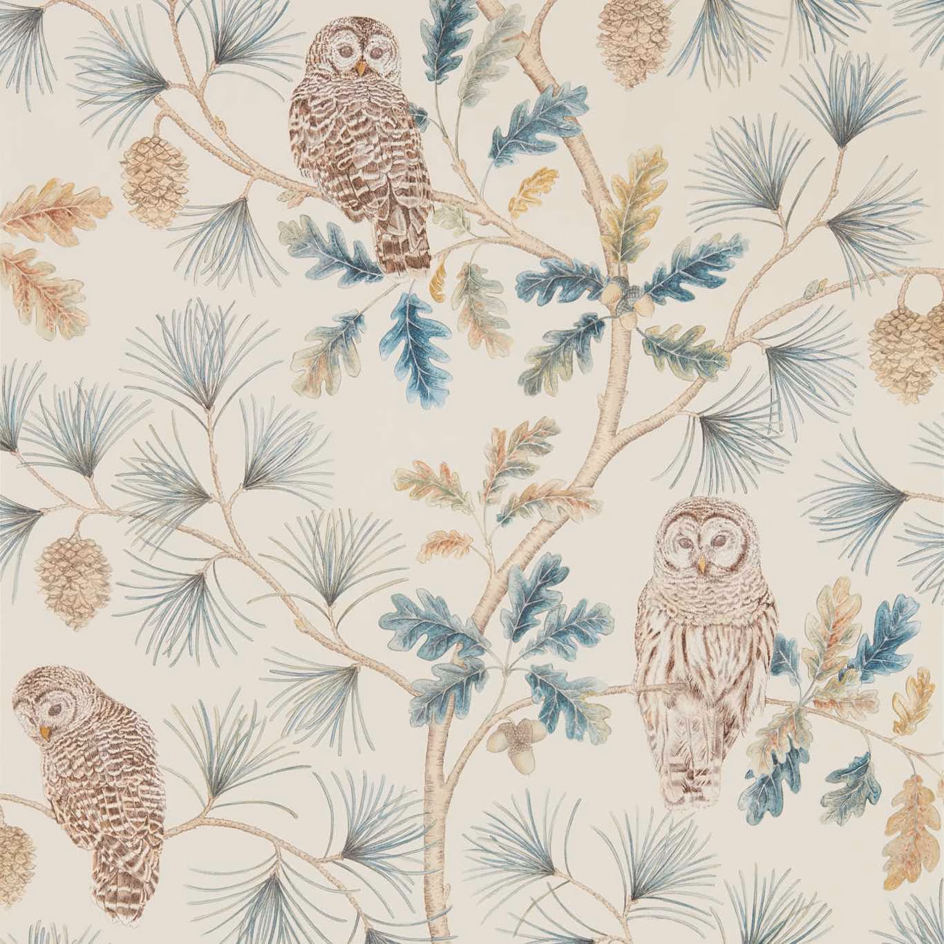 Cream wallpaper with owls, dusty teal pine sprays, branches and pinecones