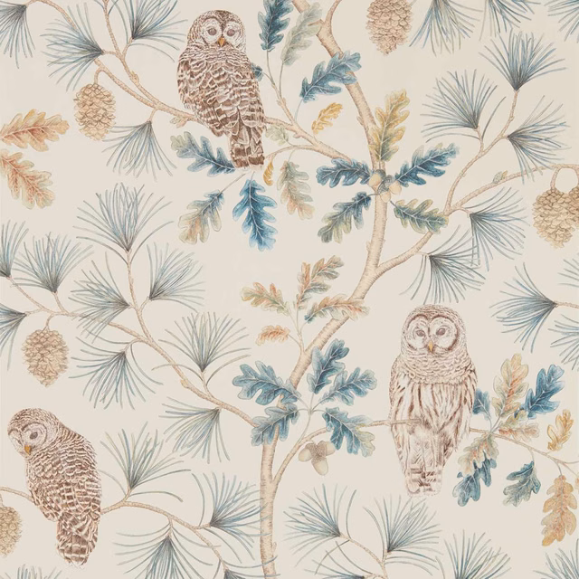 Cream wallpaper with owls, dusty teal pine sprays, branches and pinecones