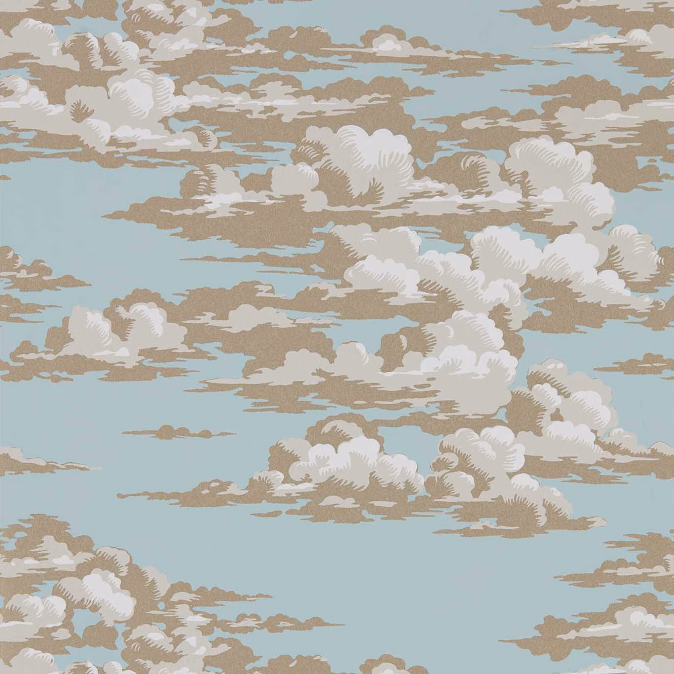 Powder-blue wallpaper with taupe and ivory drifting cloud clusters