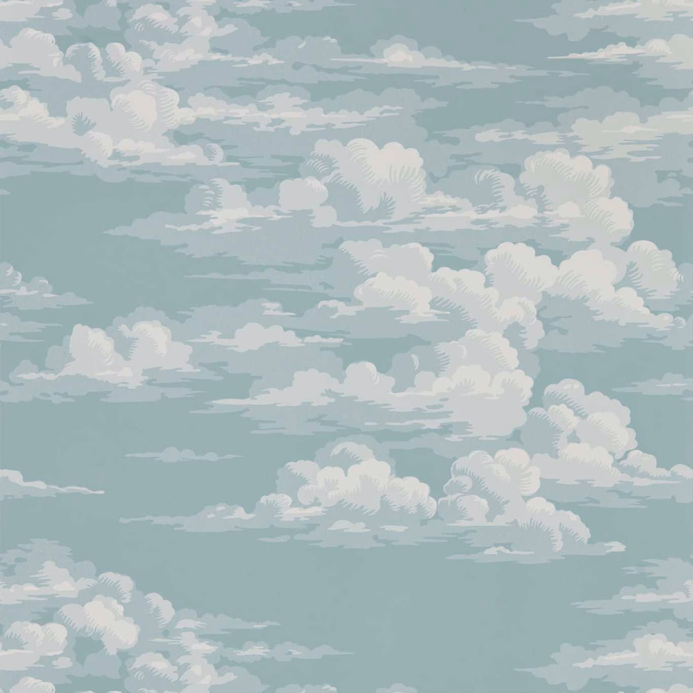 Muted blue wallpaper with layered ivory clouds and softly shaded cloud formations
