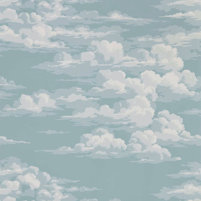 Muted blue wallpaper with layered ivory clouds and softly shaded cloud formations