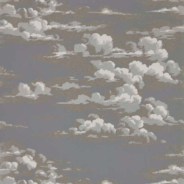 Taupe-grey wallpaper with ivory layered clouds and muted brown-grey detailing