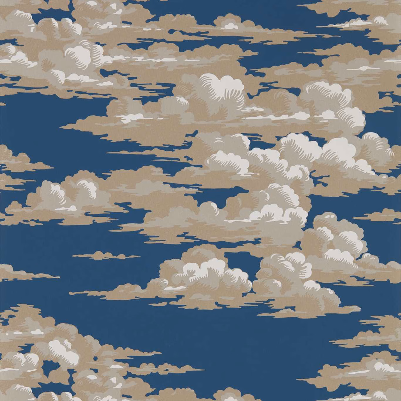 Yacht blue wallpaper with layered taupe and chalk-white cloud formations