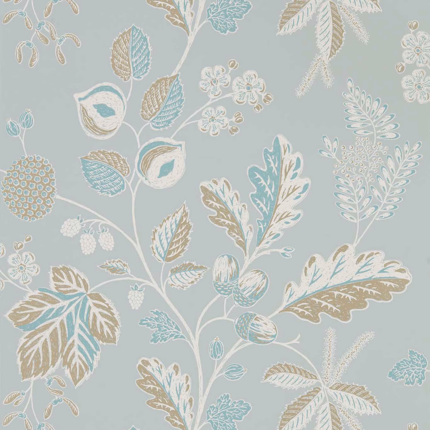Muted blue-grey wallpaper with cream, aqua and taupe botanical stems