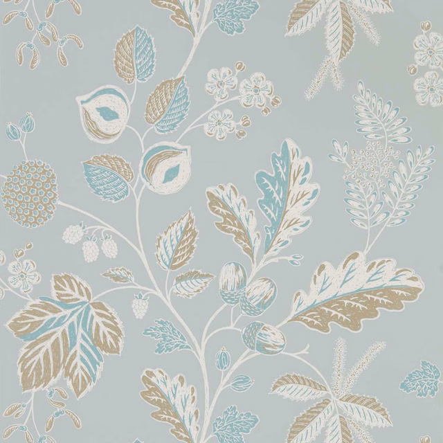 Muted blue-grey wallpaper with cream, aqua and taupe botanical stems