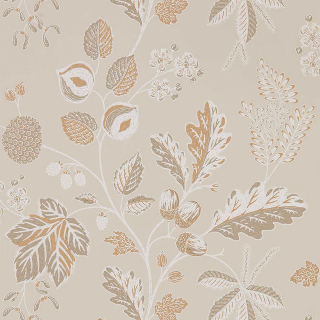 Warm taupe botanical wallpaper with cream leaves, tan pods and delicate floral motifs
