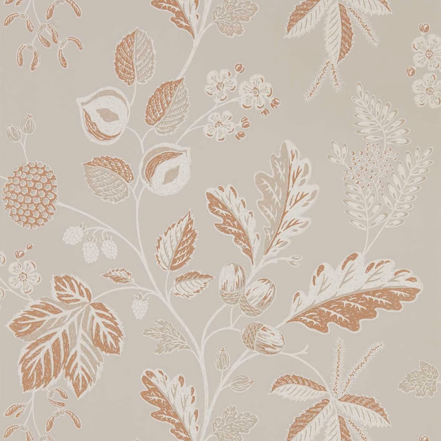 Muted taupe wallpaper with cream botanical stems and terracotta leaf details