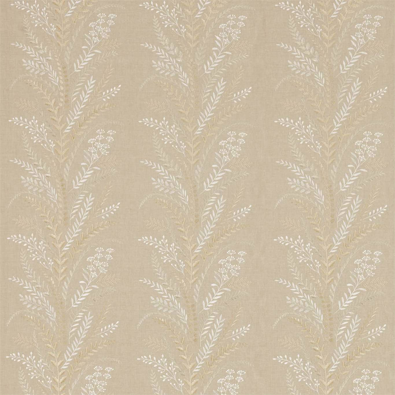 Beige botanical fabric with embroidered pale leaf trails on a linen-textured ground