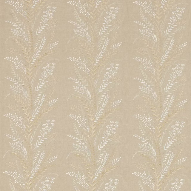 Beige botanical fabric with embroidered pale leaf trails on a linen-textured ground