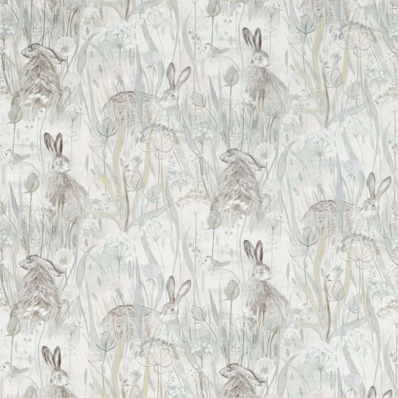 Pale mist-grey hare and meadow print with soft sketchy grasses