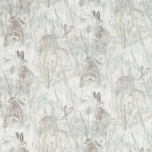 Pale mist-grey hare and meadow print with soft sketchy grasses