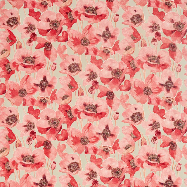 Painterly red and blush poppy floral on a pale linen ground