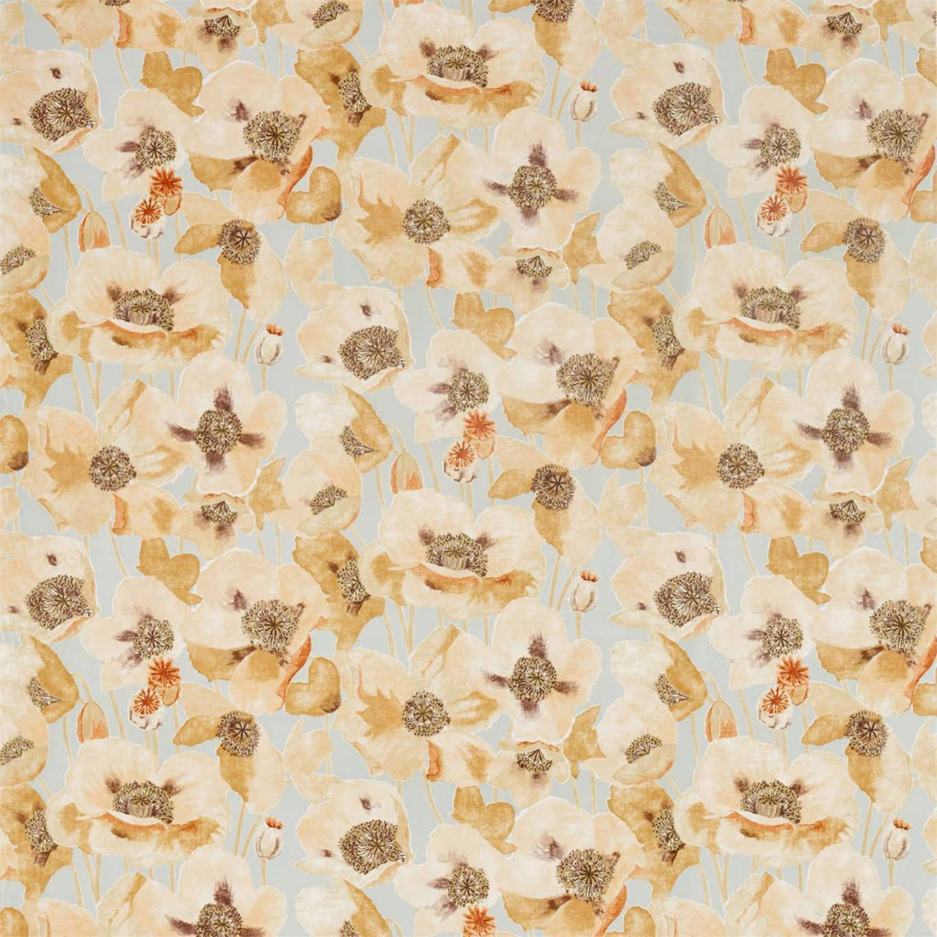 Painterly cream and sienna poppies on a pale dove-blue fabric ground