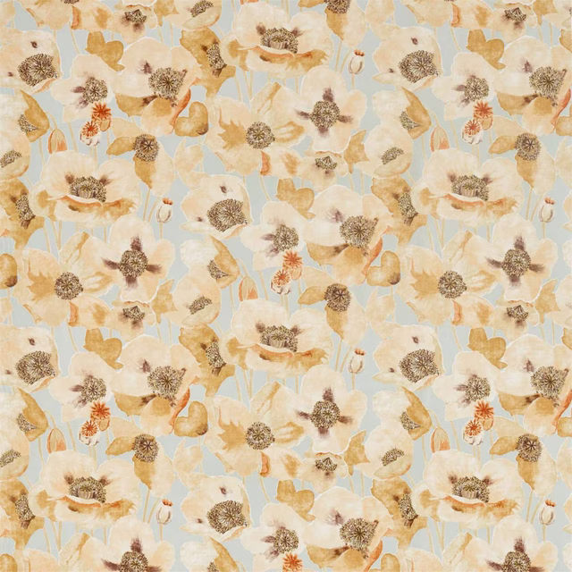 Painterly cream and sienna poppies on a pale dove-blue fabric ground
