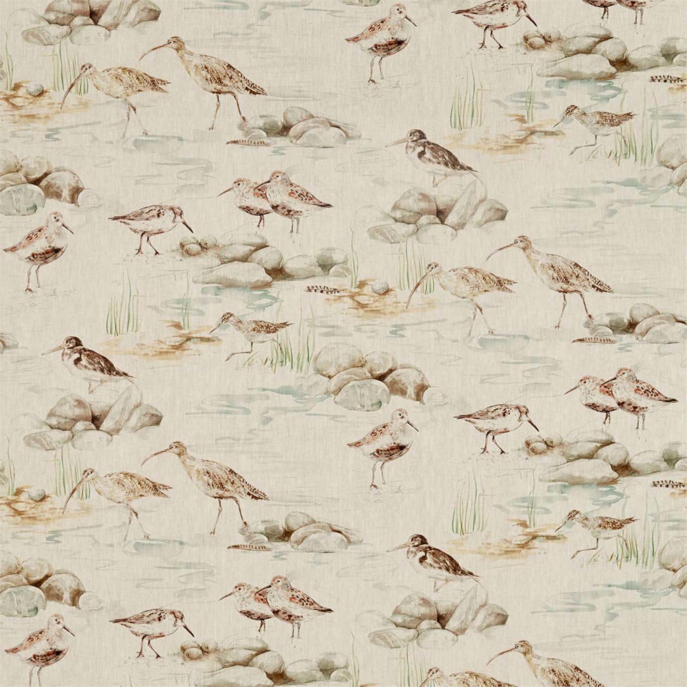 Printed fabric swatch with shorebirds, stones and grasses on an eggshell ground