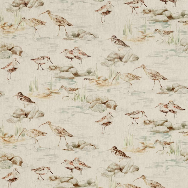 Printed fabric swatch with shorebirds, stones and grasses on an eggshell ground