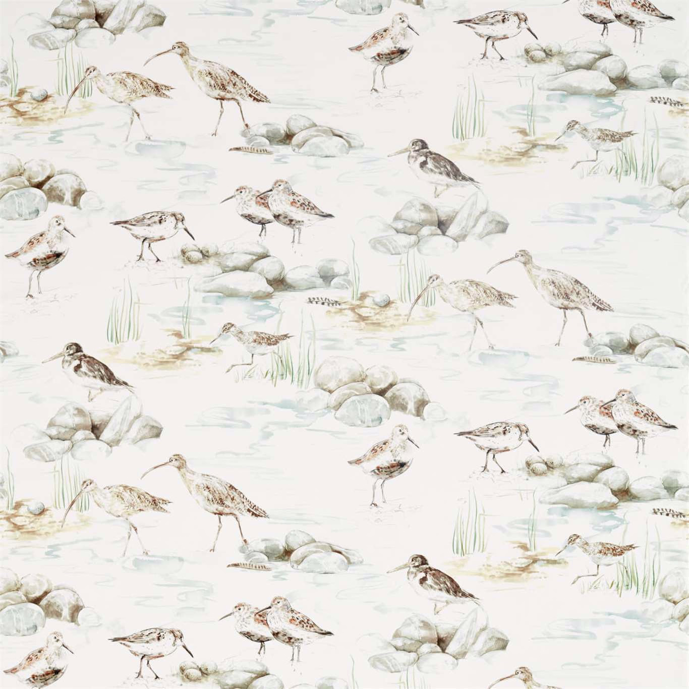 Pale ivory bird-pattern fabric with grey-blue water, rocks and reeds