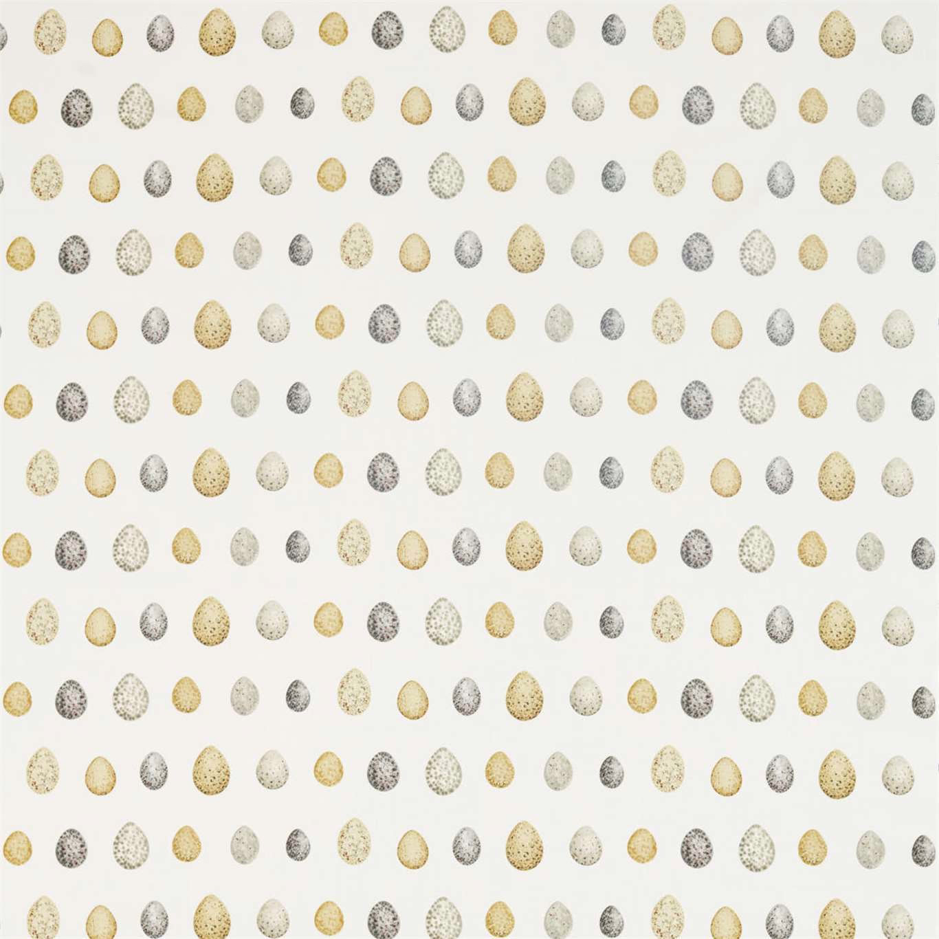 Pale fabric swatch with rows of small speckled ovals in corn yellow and graphite