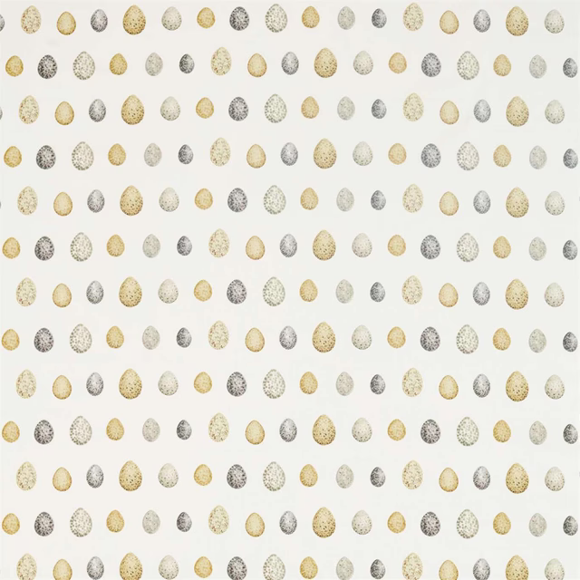 Pale fabric swatch with rows of small speckled ovals in corn yellow and graphite