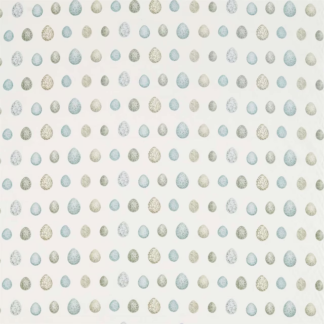 Ivory fabric with small spaced egg motifs in blue, sage and putty tones