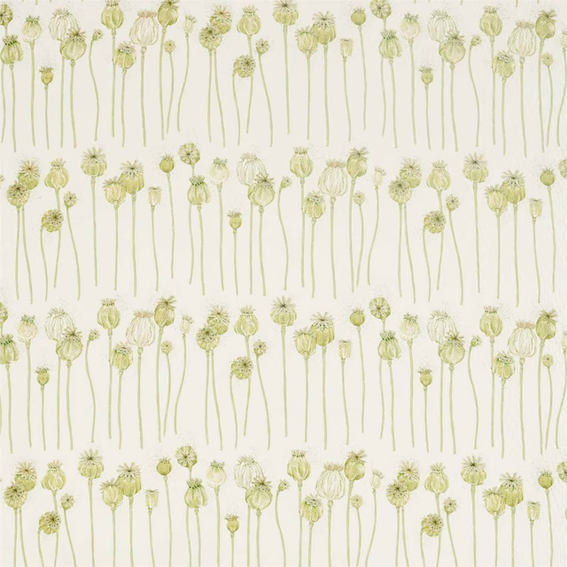 Olive green poppy pods with long stems on an almond fabric ground
