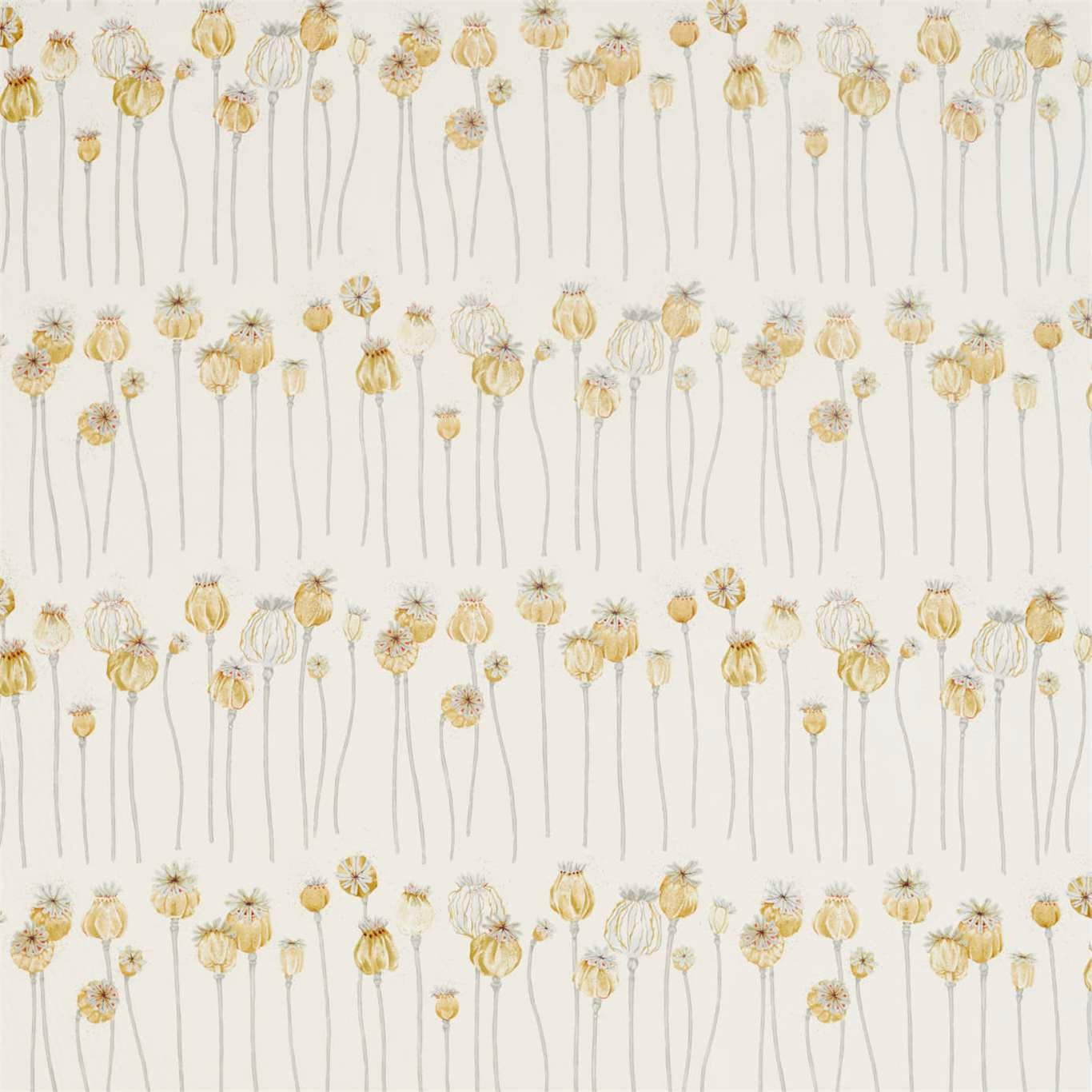 Cream fabric swatch with scattered sienna poppy heads and slim grey stems