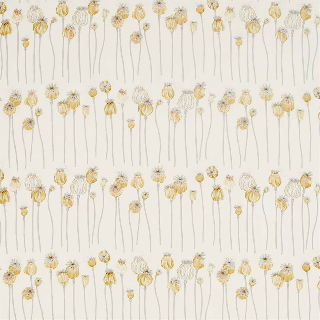Cream fabric swatch with scattered sienna poppy heads and slim grey stems